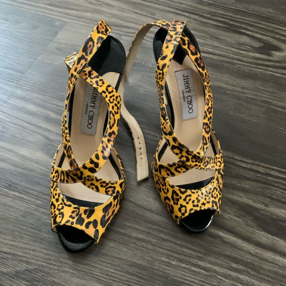 Jimmy Choo Witty Collection Yellow & Black Animal Print Ankle Strap Heel Sandals